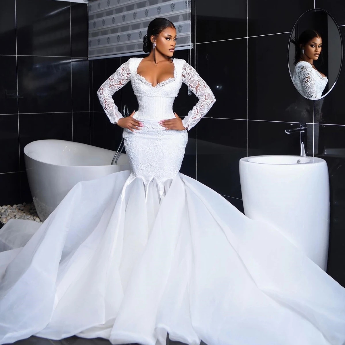 Mermaid Wedding Fashion Dresses For Women Sweetheart Neck Long Sleeves Bridal Gown Lace Sequins Sweep Train Dress Custom Made