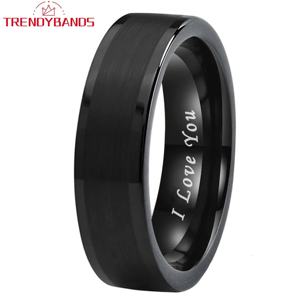 6mm Black Mens Womens Tungsten Carbide Ring Engagement Wedding Band Flat Brushed Polished Shiny Comfort Fit 240618
