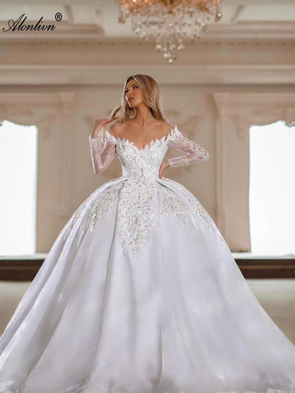 2024 Stunning Lace Illusion V-Neck Ball Gown Wedding Dress Delicate Beaed Pearls Bling Appliques Lace Full Sleeves Bridal Gowns 2024