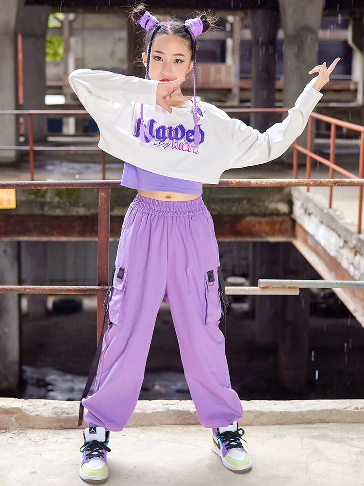 Jazz Dance Costume Kids Hip Hop Clothes Girls White Crop Tops Purple Cargo Pants Long Sleeved K-pop Concert Show Wear BL9259 240618