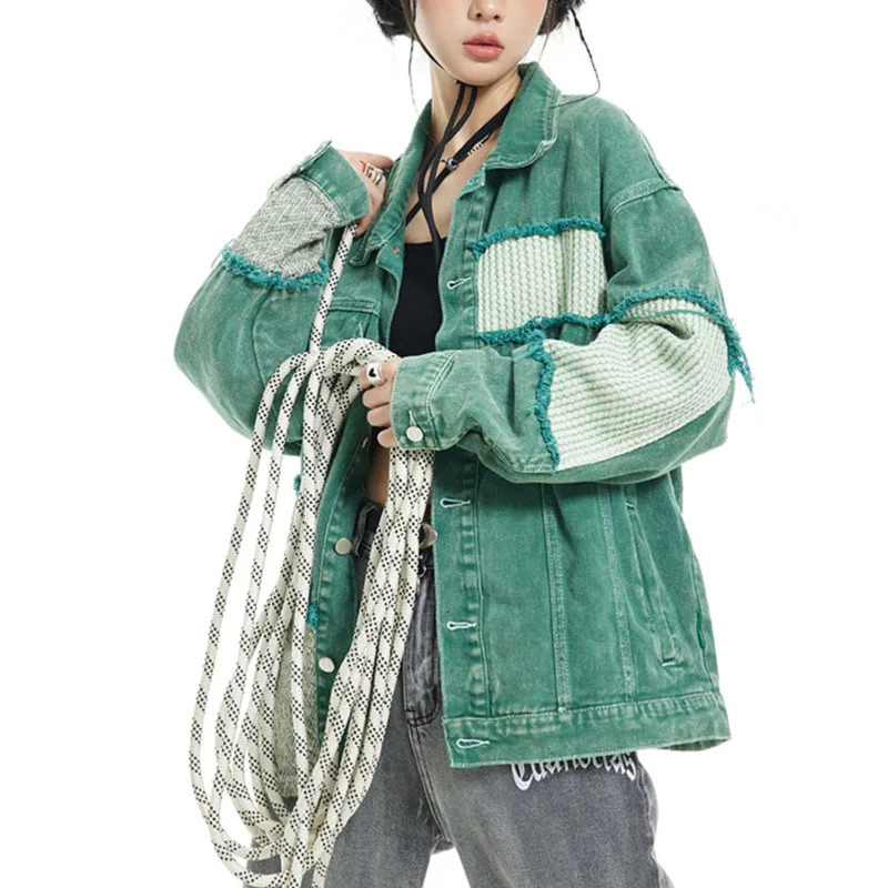 Hip Hop Distressed Denim Jacket Men Vintage Harajuku Patchwork Cowboy Coats Streetwear Casual Loose Varsity Jackets Unisex Green 240617