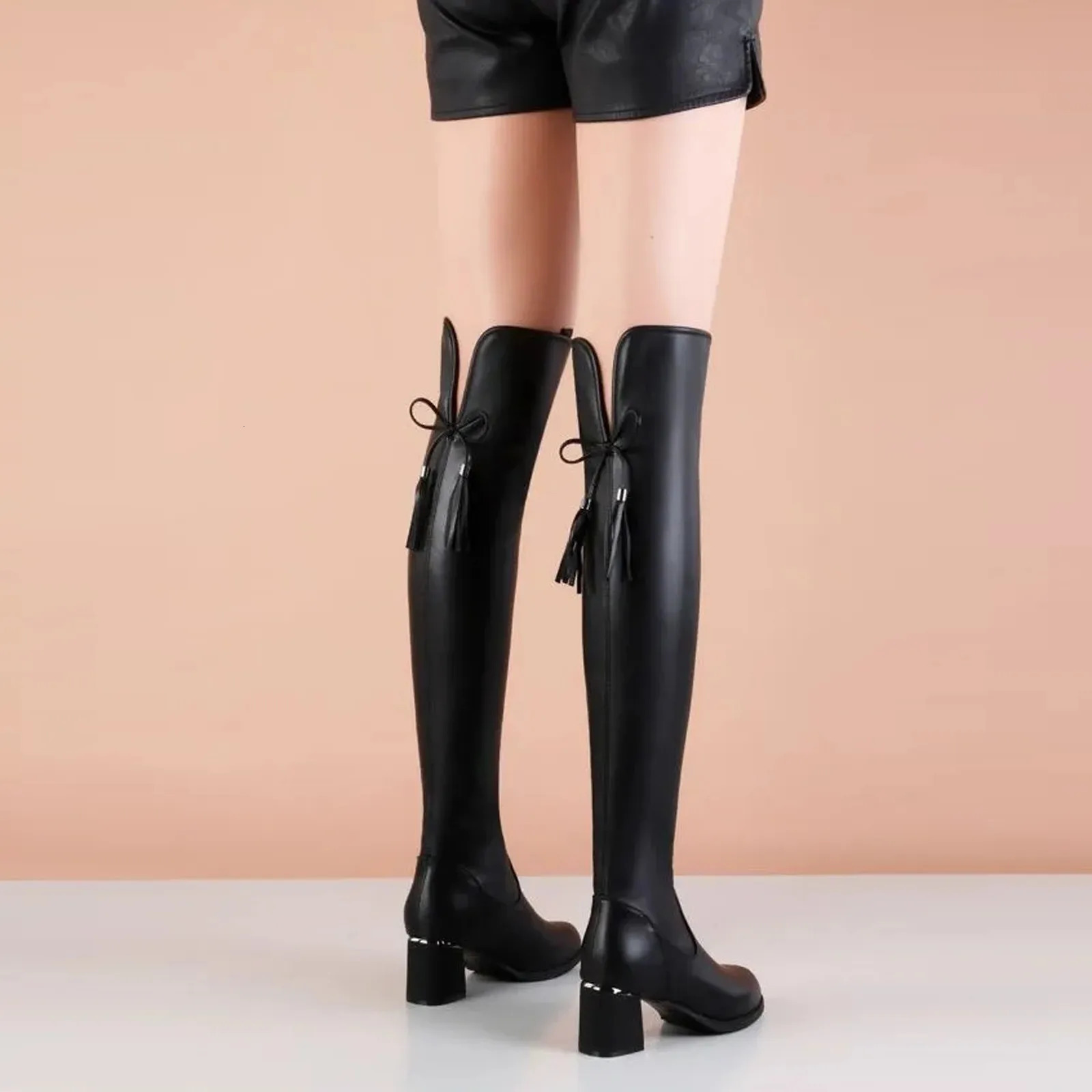 Black Long Boots For Women Fashion Square High Heel Over The Knee High Boots Winter Shoes Ladies Elegant Modern Long Boots 240618