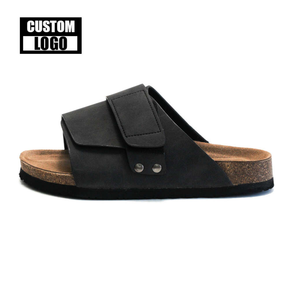 High Quality Custom Beach Open Toe Strap Men's Summer Cork Leather Sole Slippers Arch Support Flat Sandals
