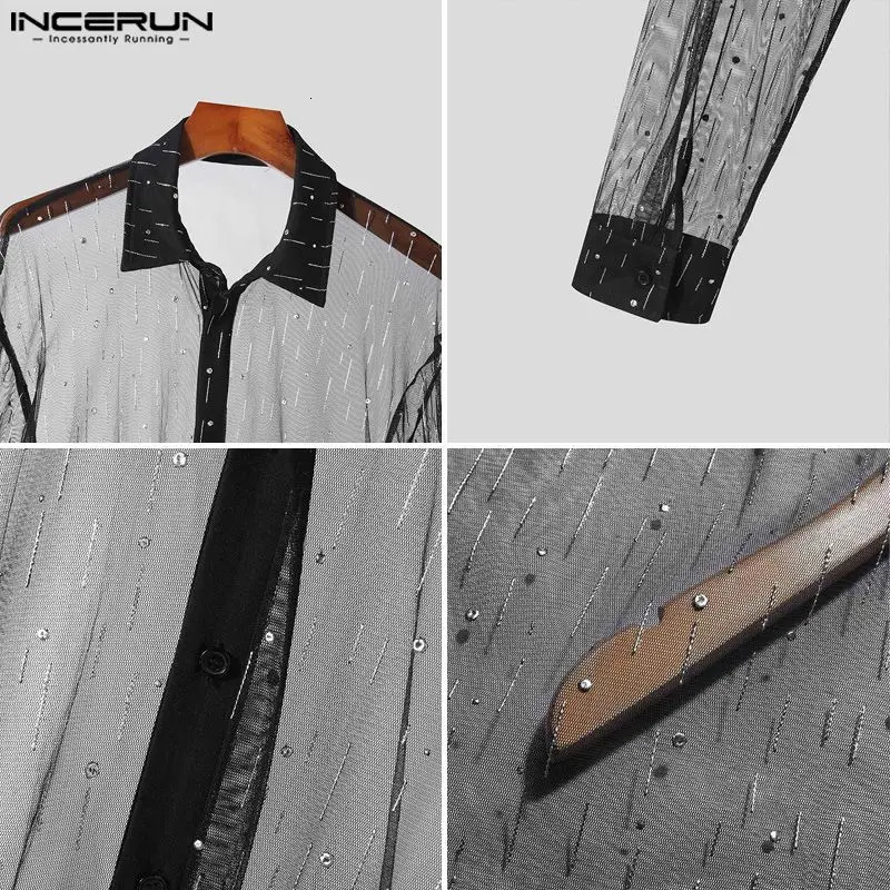 INCERUN Tops Korean Style Fashion Mens Tassel Glitter Fabric Shirts Casual Party Shows Long Sleeved Blouse S-5XL 240615