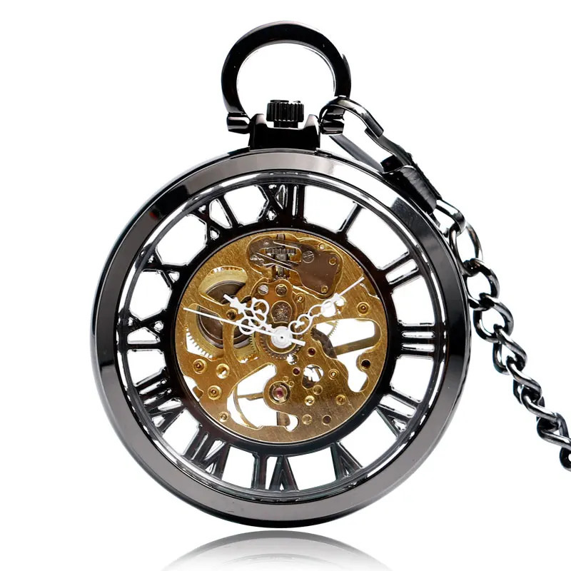 Classic Trendy Hand-winding Pocket Watch Steampunk Pendant Black Case Mechanical Clock Men Women Fob Chain Birthday Xmas Gift 240617