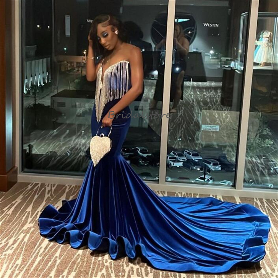 Gorgeous Nigeria African Prom Dresses With Tassel Luxury Mermaid Velvet Black Women Evening Gowns 2024 Open Back Birthday Party Special Occasion Dance