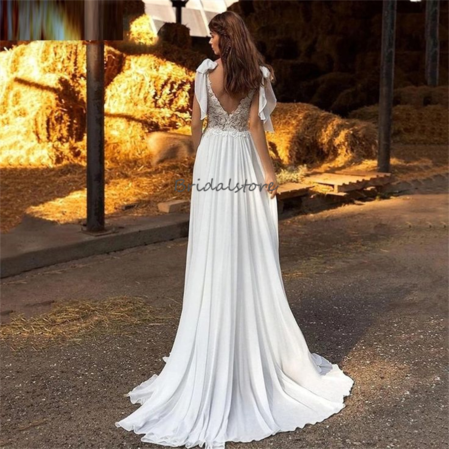 Gatsby Boho Chiffon Wedding Dresses 2024 With Straps Elegant V Neck Lace Bohemian Bridal Dress With High Slit Backless Beach vestidos de novia hochzei