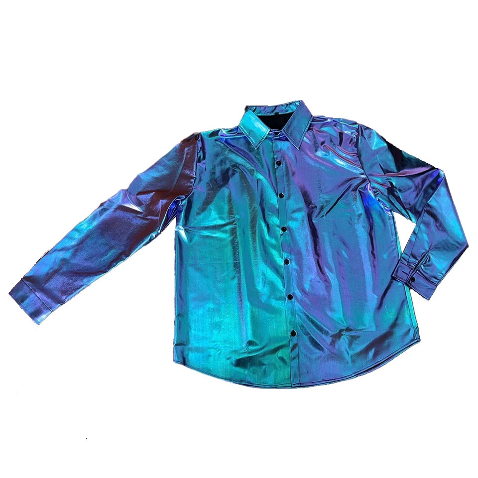 Mens Fashion Laser Shiny Shirts Casual Baggy Single Breasted Long Sleeve Solid Color Normal Shirt Tops Clothing 240615