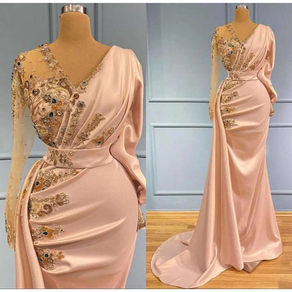 Arabic V Neck Satin Long Sleeves Mermaid Evening Dresses Sheer Tulle Beaded Rhinestones Ruched Sweep Train Prom Gowns Bc10607