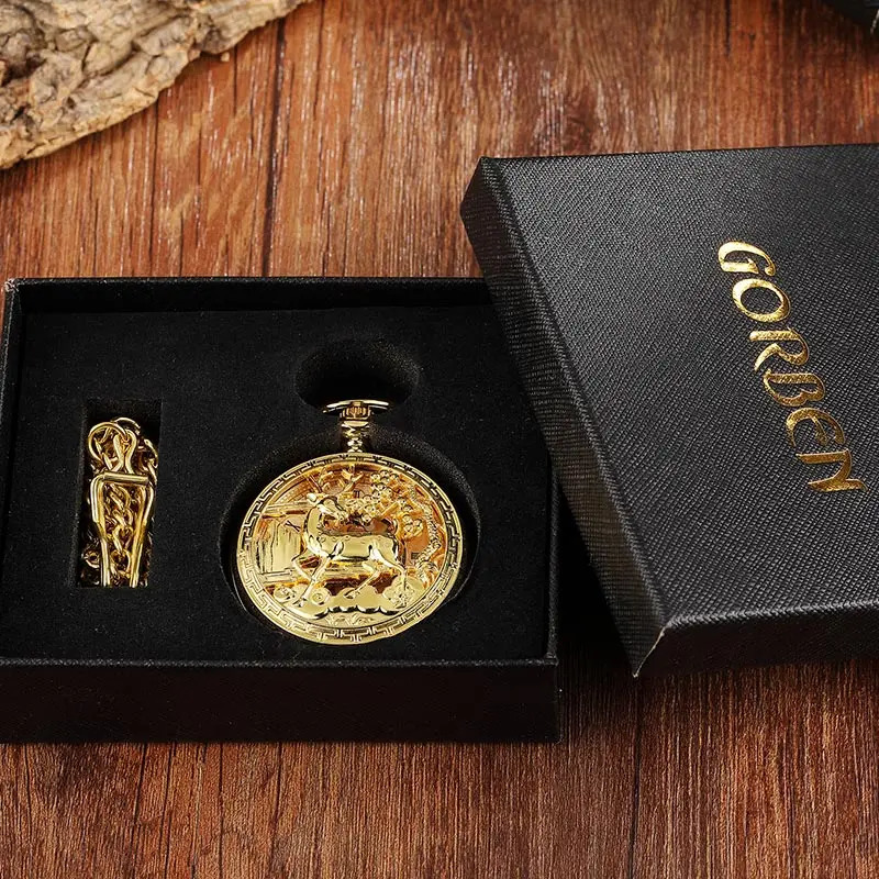 Golden Hollow Deer Pattern Mechanical Pocket Watch Vintage Double Side Steampunk Fob Clock Male Necklace Watch Chain Women Men 240617
