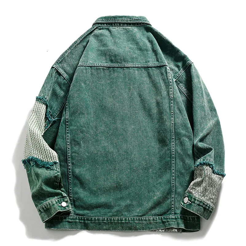 Hip Hop Distressed Denim Jacket Men Vintage Harajuku Patchwork Cowboy Coats Streetwear Casual Loose Varsity Jackets Unisex Green 240617