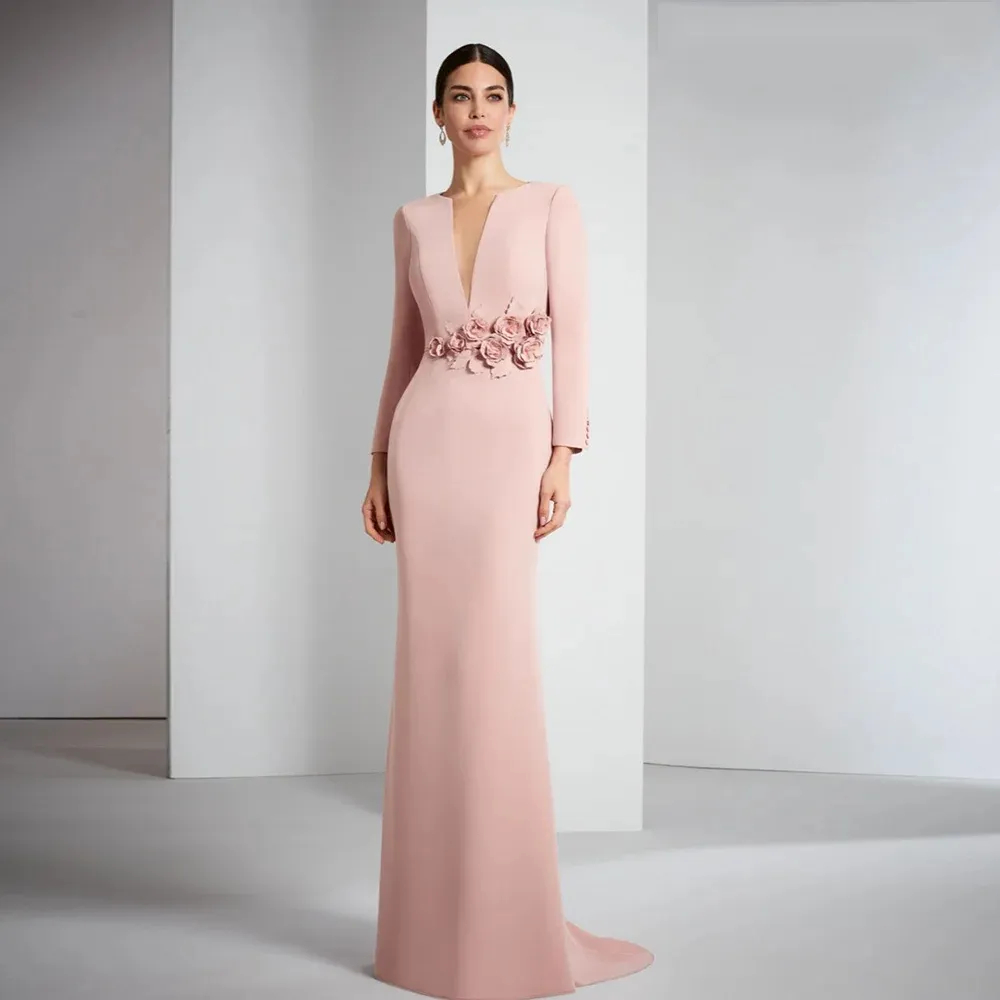 Elegant Pink Long Mother Of The Bride Dresses Full Sleeves 3D Flower Appliques V-Neck Graceful Wedding Guest Dress Back Zipper Simple Satin Evening Pr