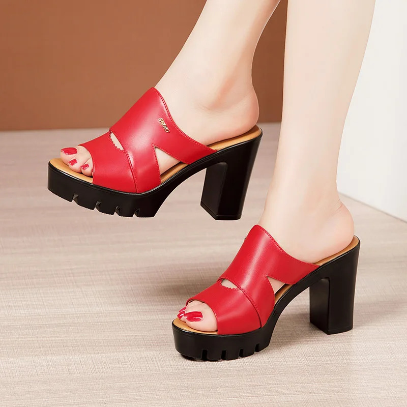 10cm Small Size 32-43 Soft Leather Slippers Womens Block High Heels Slides Thick Bottom Platform Sandals for Office Model 240618