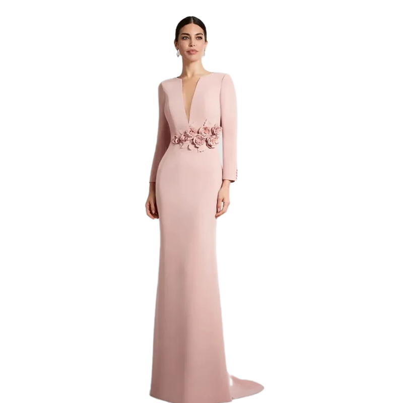 Elegant Pink Long Mother Of The Bride Dresses Full Sleeves 3D Flower Appliques V-Neck Graceful Wedding Guest Dress Back Zipper Simple Satin Evening Pr