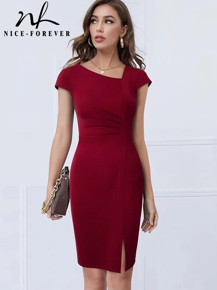 Nice-forever Summer Women Elegant Front Split Office Plain Dresses Business Formal Vintage Bodycon Slim Dress B700 240617