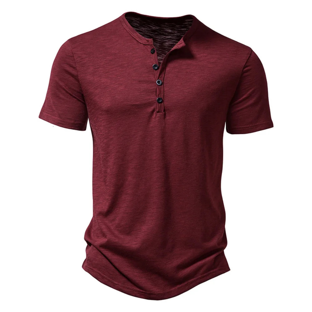 Henley Collar Summer Men Casual Solid Color Short Sleeve T Shirt for Men Polo men High QualityMens T Shirts 240618