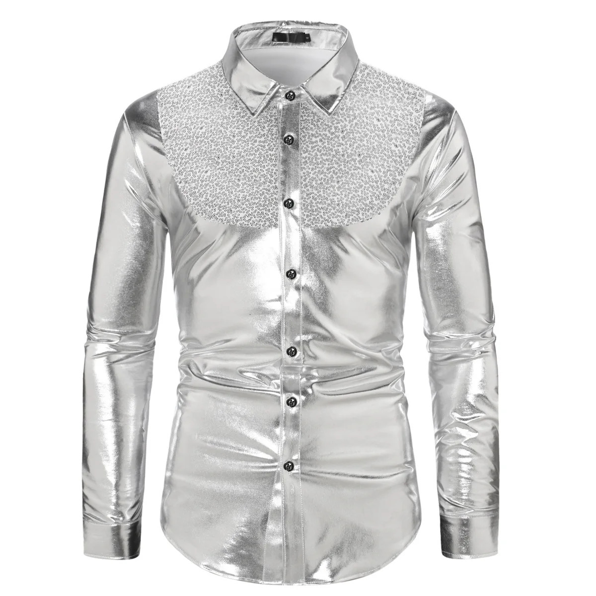 Mens Disco Metallic Shirts For Party Nightclub Sequins Shiny Long Sleeve Shirts Male Stylish Stage Banquet Chemise Hombre 240615