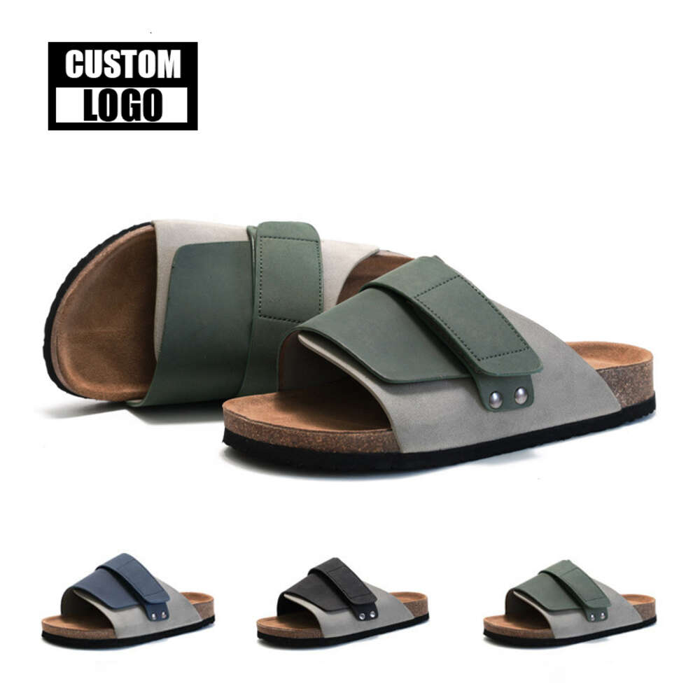 High Quality Custom Beach Open Toe Strap Men's Summer Cork Leather Sole Slippers Arch Support Flat Sandals