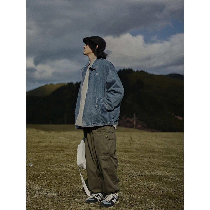 Washed Denim Jacket Men Women Harajuku Loose Versatile Cargo Coat American Casual Lapel Zip-up Jacket Spring Vintage Outerwear 240617