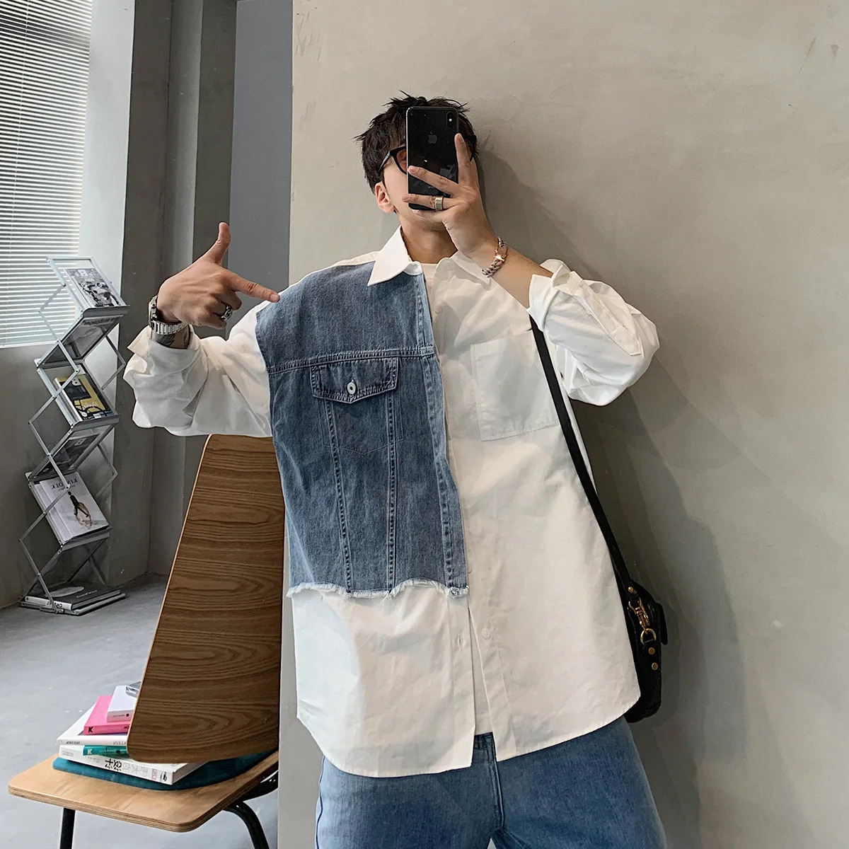 Denim Patchwork White Shirt Men Lapel Long Sleeve Button Loose Tops Spring Autumn Fashion Vintage Shirts Streetwear Male 240617