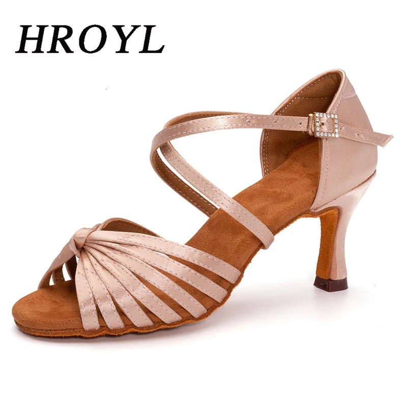 HROYL Latin Dance Shoes for Woman Girls Ladies Silk Satin Ballroom Modern Tango Dancing Shoes Salsa Practice Shoes Sandals 240617