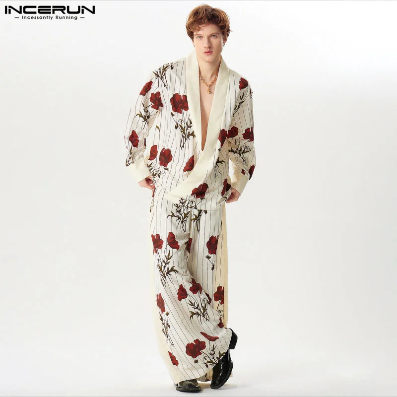 2024 Men Sets Flower Printing Loose V Neck Long Sleeve Shirt Wide Leg Pants 2PCS Streetwear Fashion Mens Casual Suits INCERUN 240617
