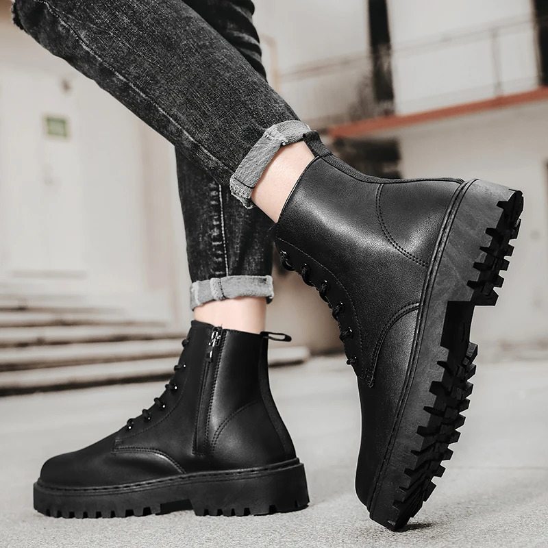 Mens Martin Casual PU Dress Shoes Fashion British Style Black Ankle Male Motorcycle Autumn Boots 240618