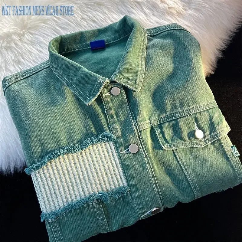 Hole splicing denim jacket Mens and womens clothing Spring and Autumn High Street fashion trend Retro Loose Coat leisure tops 240617