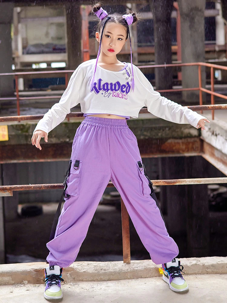 Jazz Dance Costume Kids Hip Hop Clothes Girls White Crop Tops Purple Cargo Pants Long Sleeved K-pop Concert Show Wear BL9259 240618