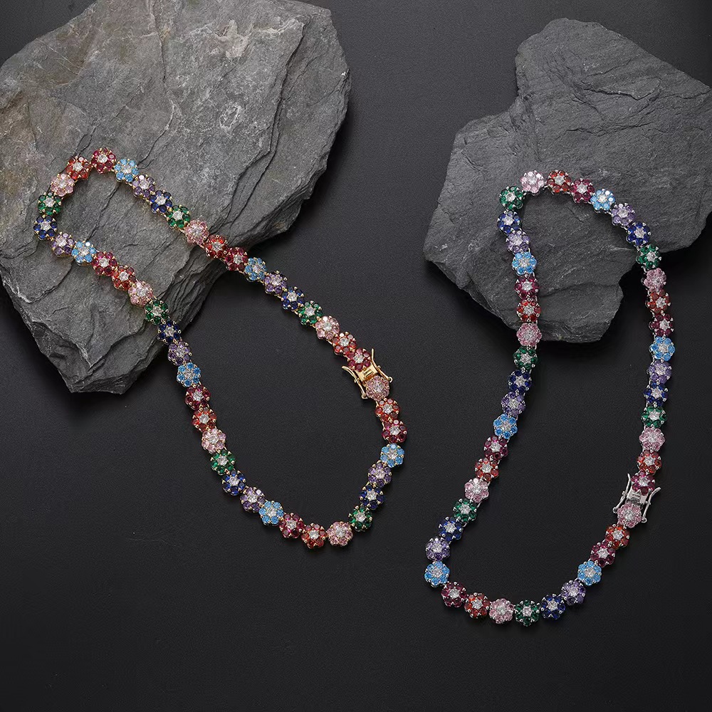 Hip-Hop tennis Sterling Sier VVS Moissanite dia cluster iced out cuban chain for men women colorful floral bracelet necklace