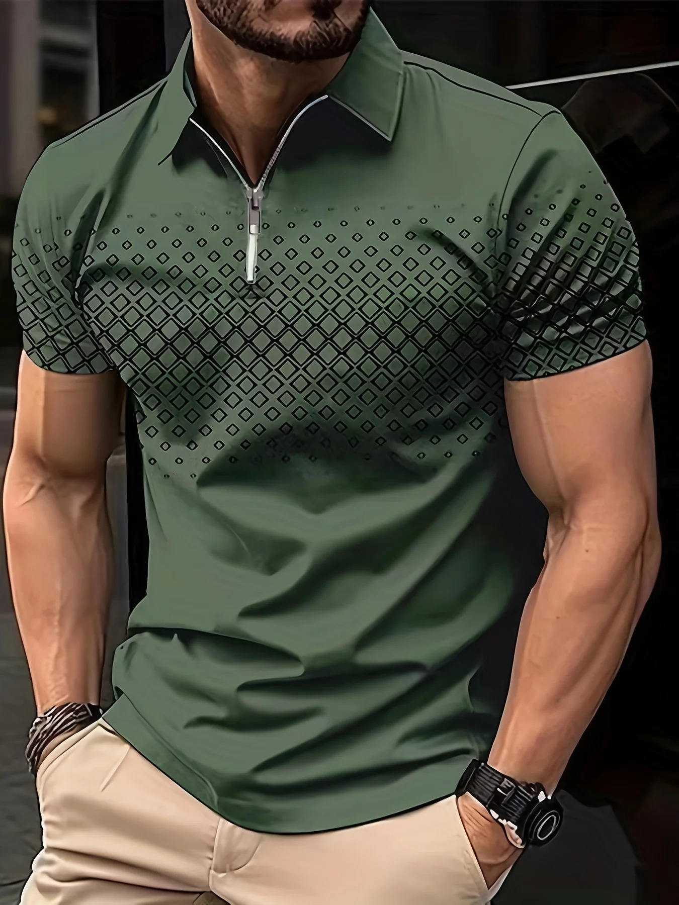 Digital Pattern Mens Shirt Slightly Elastic Breathable Zipper Outdoor Casual Short-Sleeved Shirt 3D Printing Sports T-Shirt 240618