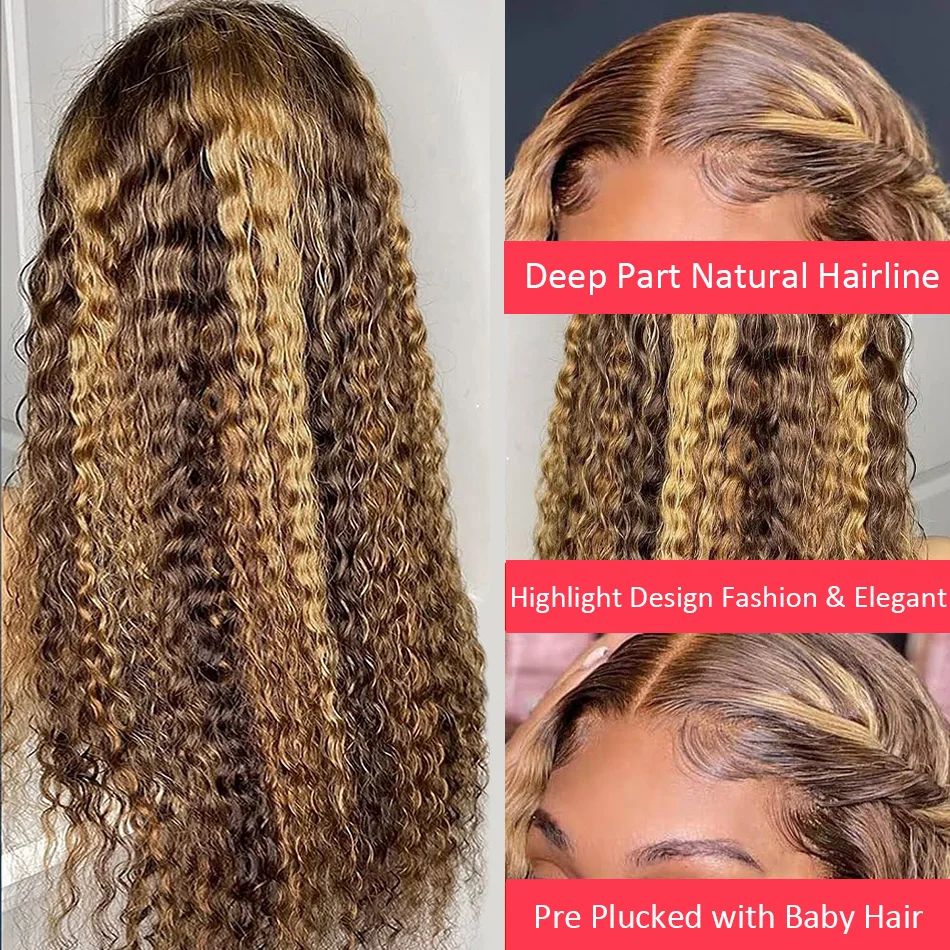 Brazilian 30 Inch Highlight Ombre Frontal Wig Deep Wave Human Hair 4/27 Colored 13X4 Lace Closure Wigs Synthetic For Women