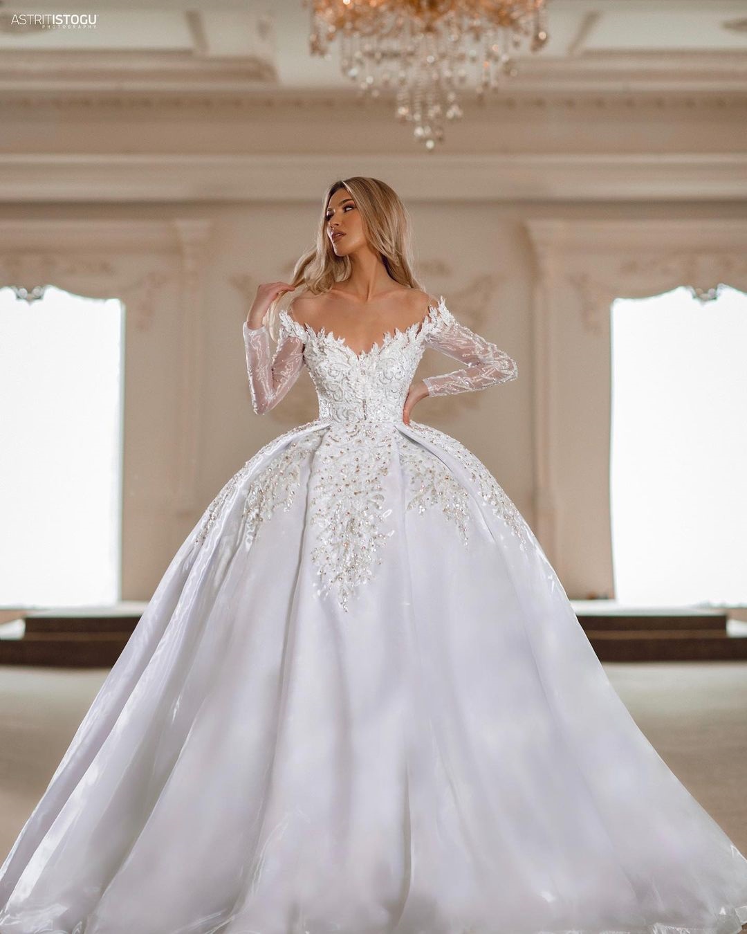 2024 Stunning Lace Illusion V-Neck Ball Gown Wedding Dress Delicate Beaed Pearls Bling Appliques Lace Full Sleeves Bridal Gowns 2024