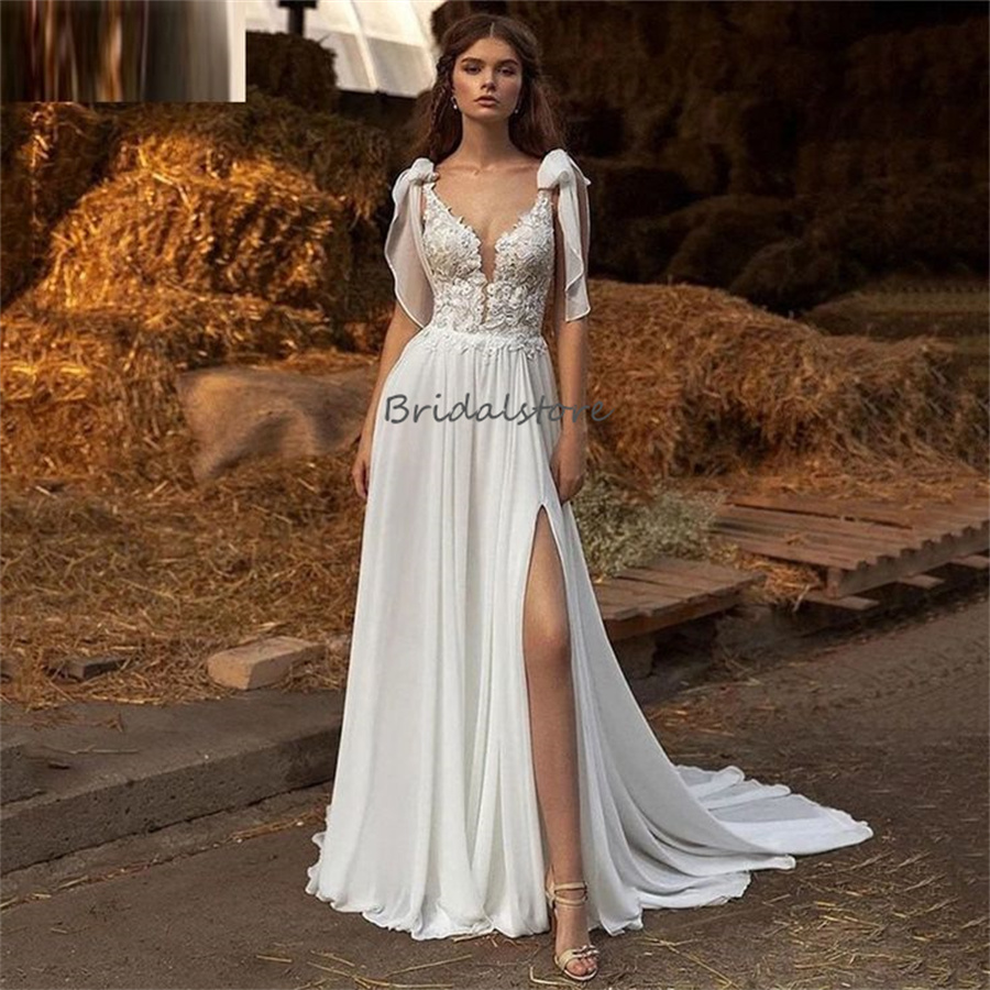 Gatsby Boho Chiffon Wedding Dresses 2024 With Straps Elegant V Neck Lace Bohemian Bridal Dress With High Slit Backless Beach vestidos de novia hochzei