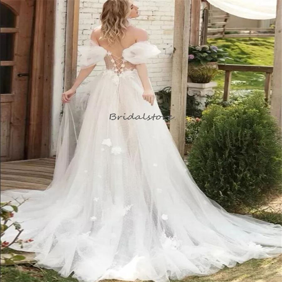 Fairy Gatsby Boho Wedding Dresses 2024 Cap Sleeves Front High Slit 3D Floral Flowers Bohemian Bridal Dress Corset Celtic Civil Bride Dress Custom Made