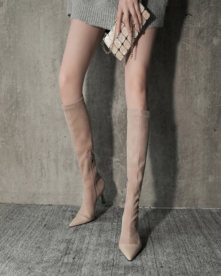 Style Fabric Pointed Stretch Street Toe Women Knee-High Boots Spring Autumn Fashion High Heels Shoes Long Booties