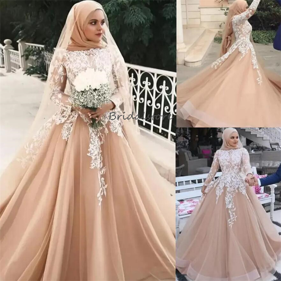 Vintage Champagne Muslim Wedding Dresses 2024 Elegant A Line Long Sleeve White Lace Church Bridal Dress Arabic Dubai Bride Gowns Islamic Vestio De Nov