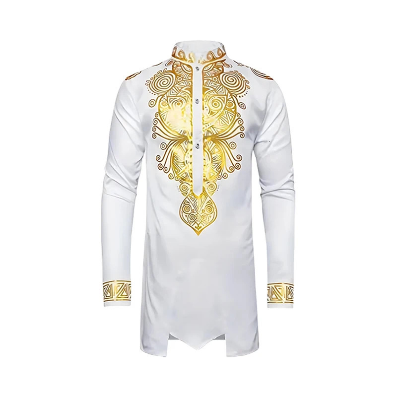 2PCS Ethnic Style Mens Casual Suit Gilded Printed Top Shirt Long Sleeved Solid Color Pants Fashion Casual African Clothing 240617