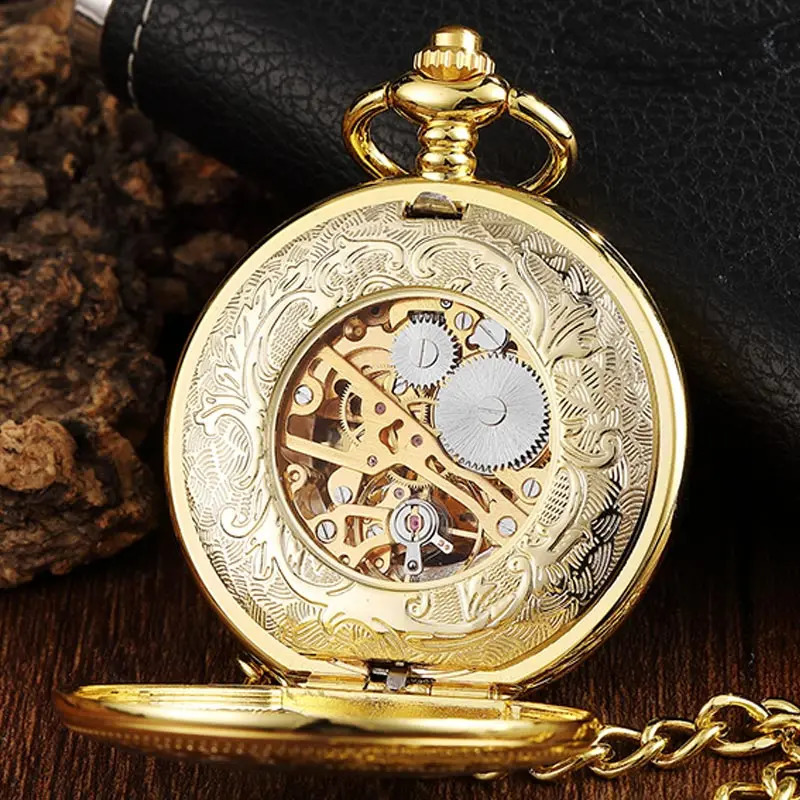 Golden Hollow Deer Pattern Mechanical Pocket Watch Vintage Double Side Steampunk Fob Clock Male Necklace Watch Chain Women Men 240617