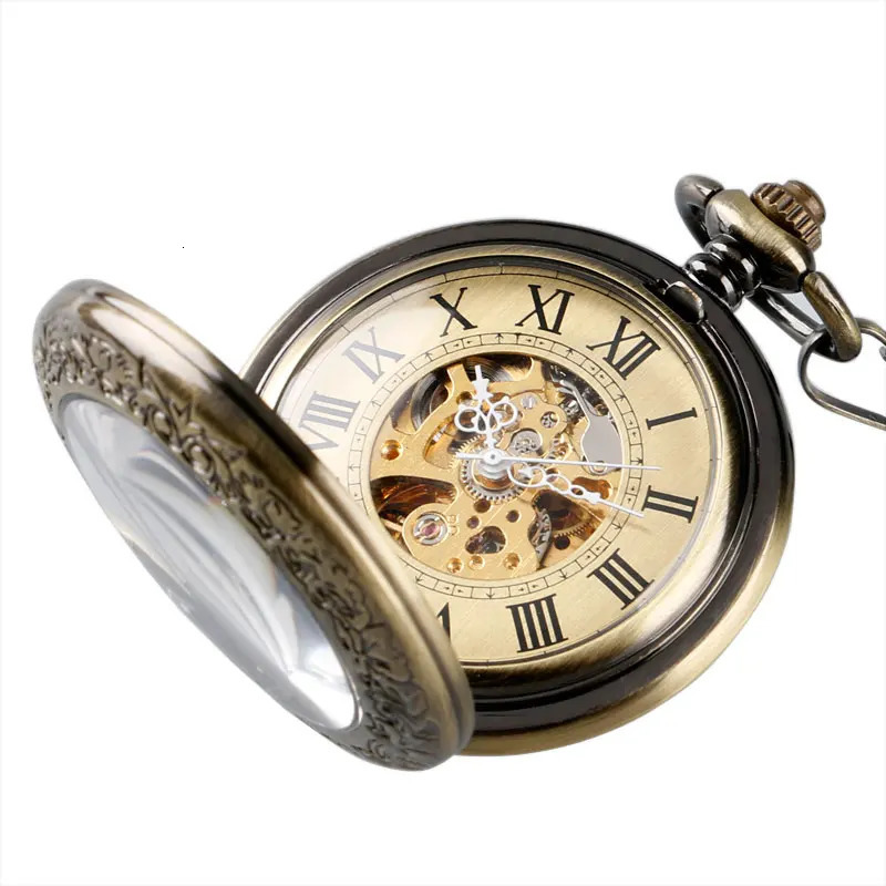 Antique Brozne Transparent Gear Skeleton Mechanical Automatic Self-wind Pocket Watch Retro Pendant Fob Watches Relogio De Bolso 240617