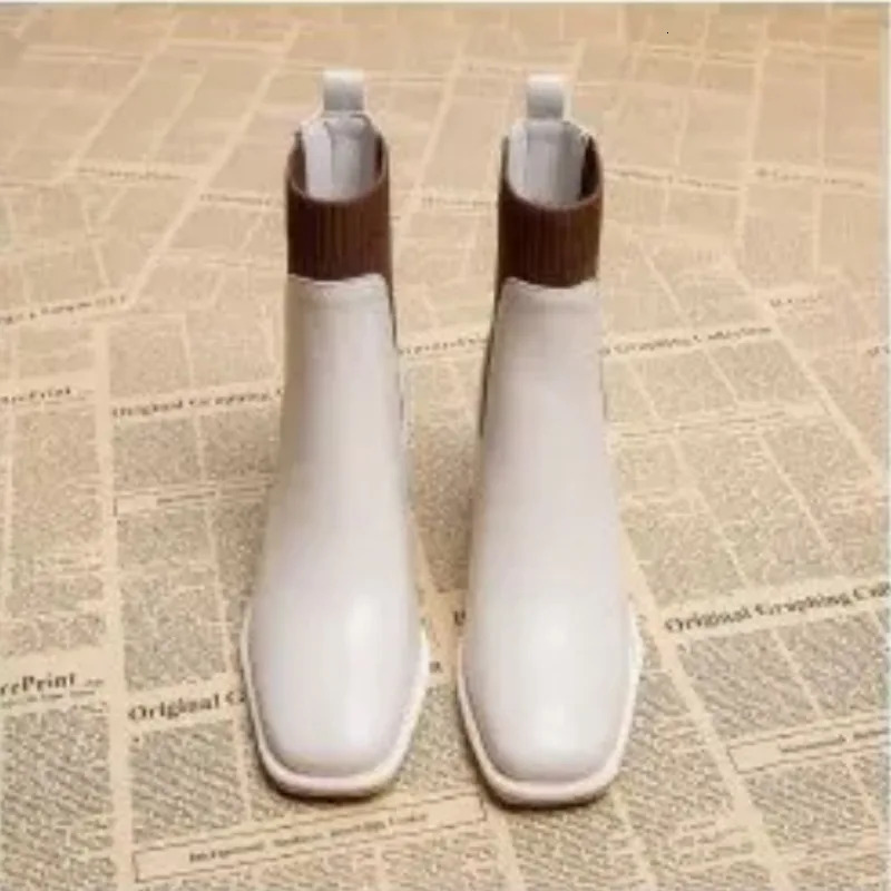 French retro square toe slim high knitted short temperament thick heeled soc boots 240618