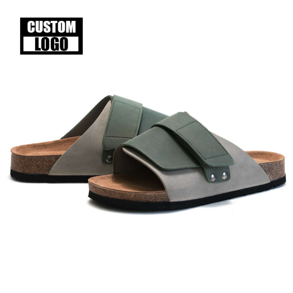 High Quality Custom Beach Open Toe Strap Men's Summer Cork Leather Sole Slippers Arch Support Flat Sandals
