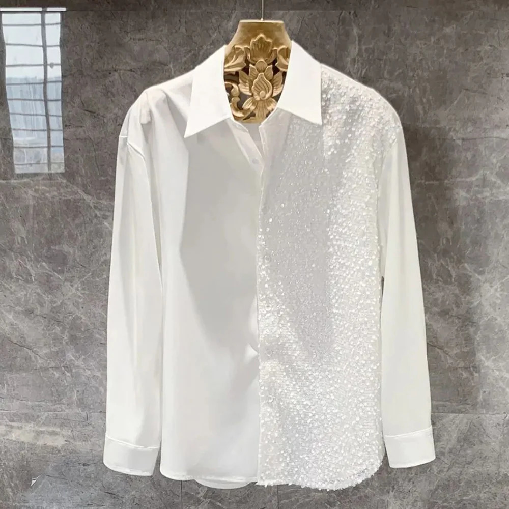 Mens Long Sleeve Shirt Fashion Nightclub Party Sequin Shirt Trend LGBT Stitching Button Shirt Unisex Lapel Solid Color Blouse 240615