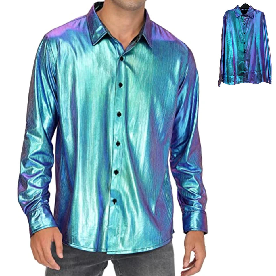 Mens Fashion Laser Shiny Shirts Casual Baggy Single Breasted Long Sleeve Solid Color Normal Shirt Tops Clothing 240615