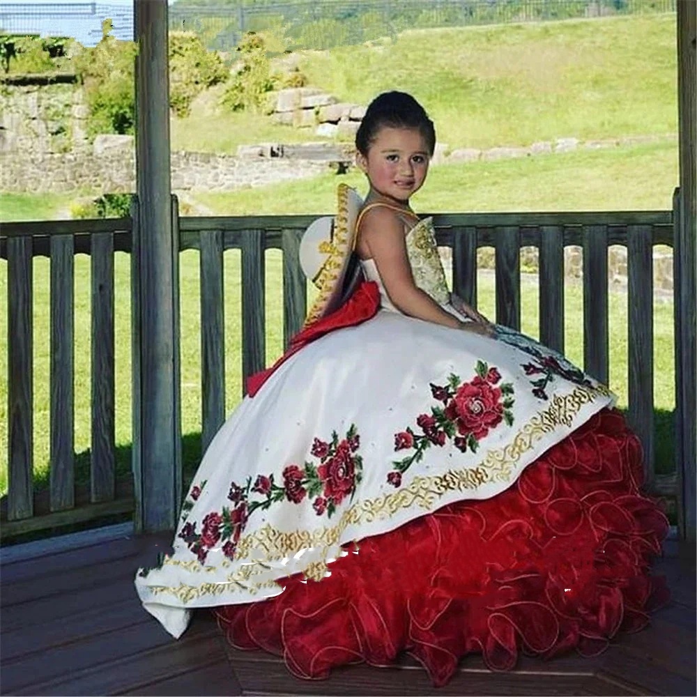 Cute Embroidery Beaded Children Princess mini quinceanera Dresses Mexican charro Beauty Pageant wer Girl Birthday Dress