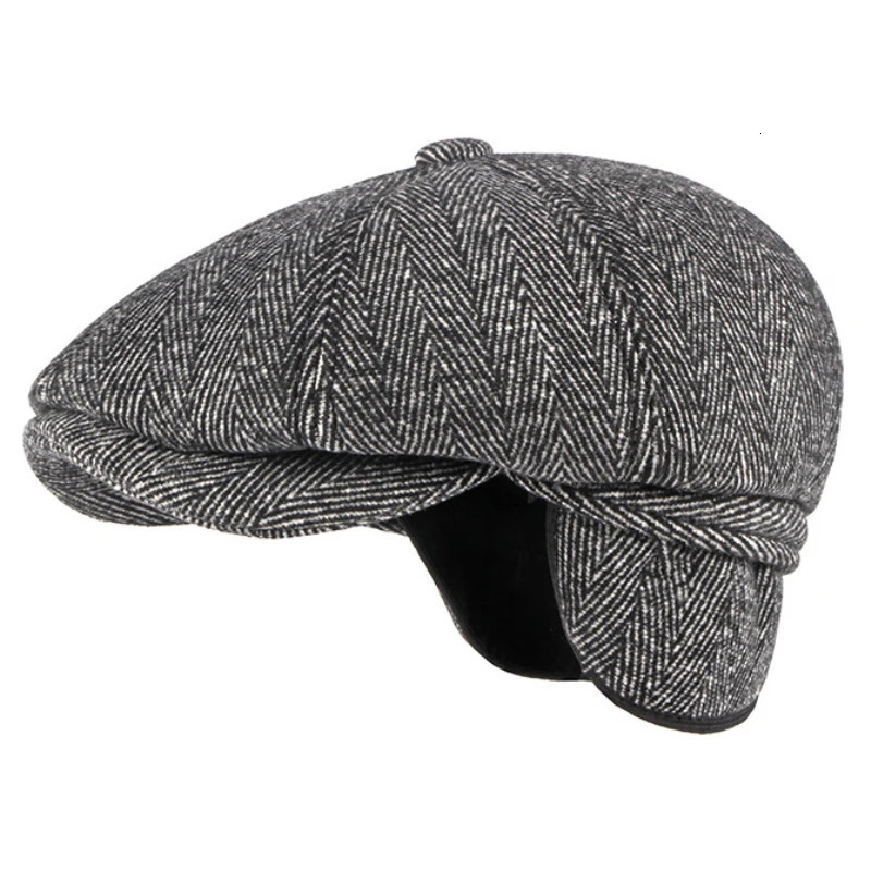 HT3336 Autumn Winter Cap Hat Thick Warm Men Beret Male Vintage Wool Dad Grandfather Octagonal Flat 240603