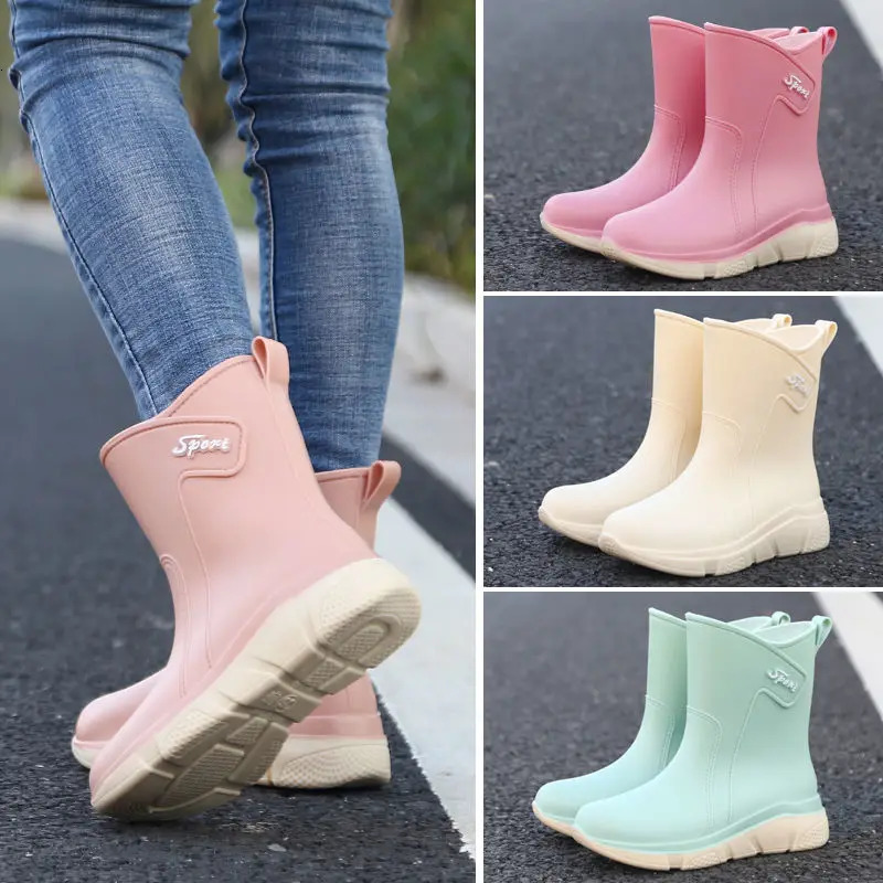 Fashion mid-calf womens rain boots adult rubber boots kitchen waterproof anti-slip cotton warm rain boots for all seasons 240618