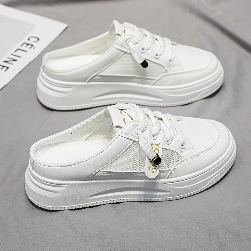Women Shoes Canvas Tenis Casual Half Slippers Flats Female White Mules Backless Sneakers Mesh Breathable Fashion Loafers 240618