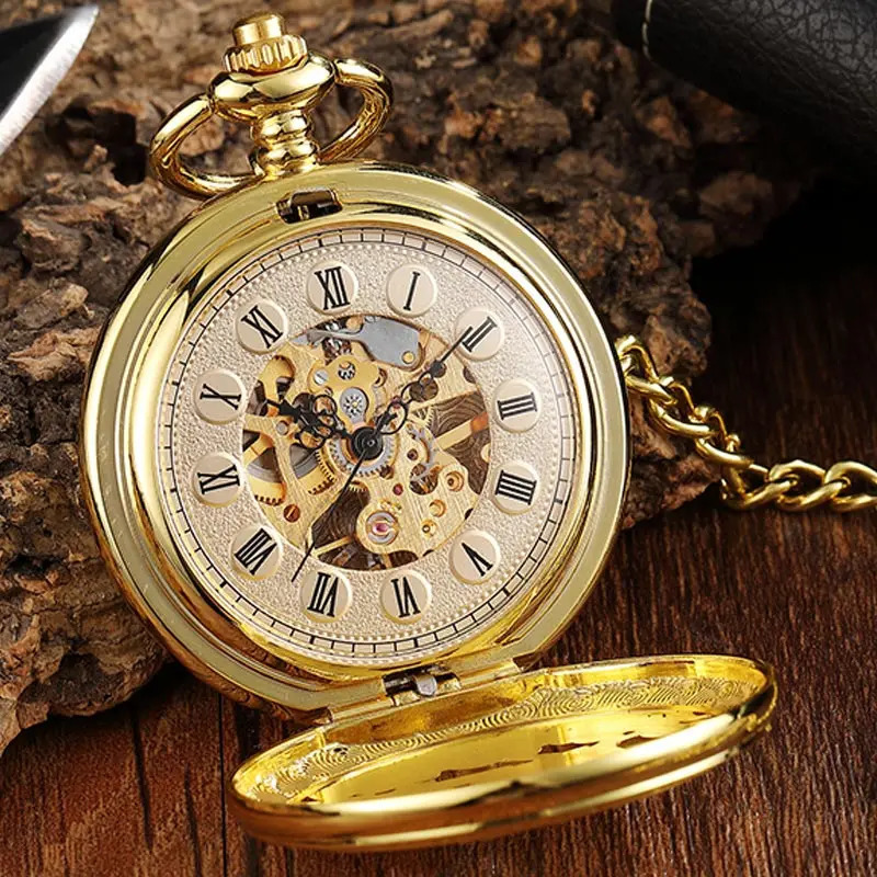 Golden Hollow Deer Pattern Mechanical Pocket Watch Vintage Double Side Steampunk Fob Clock Male Necklace Watch Chain Women Men 240617