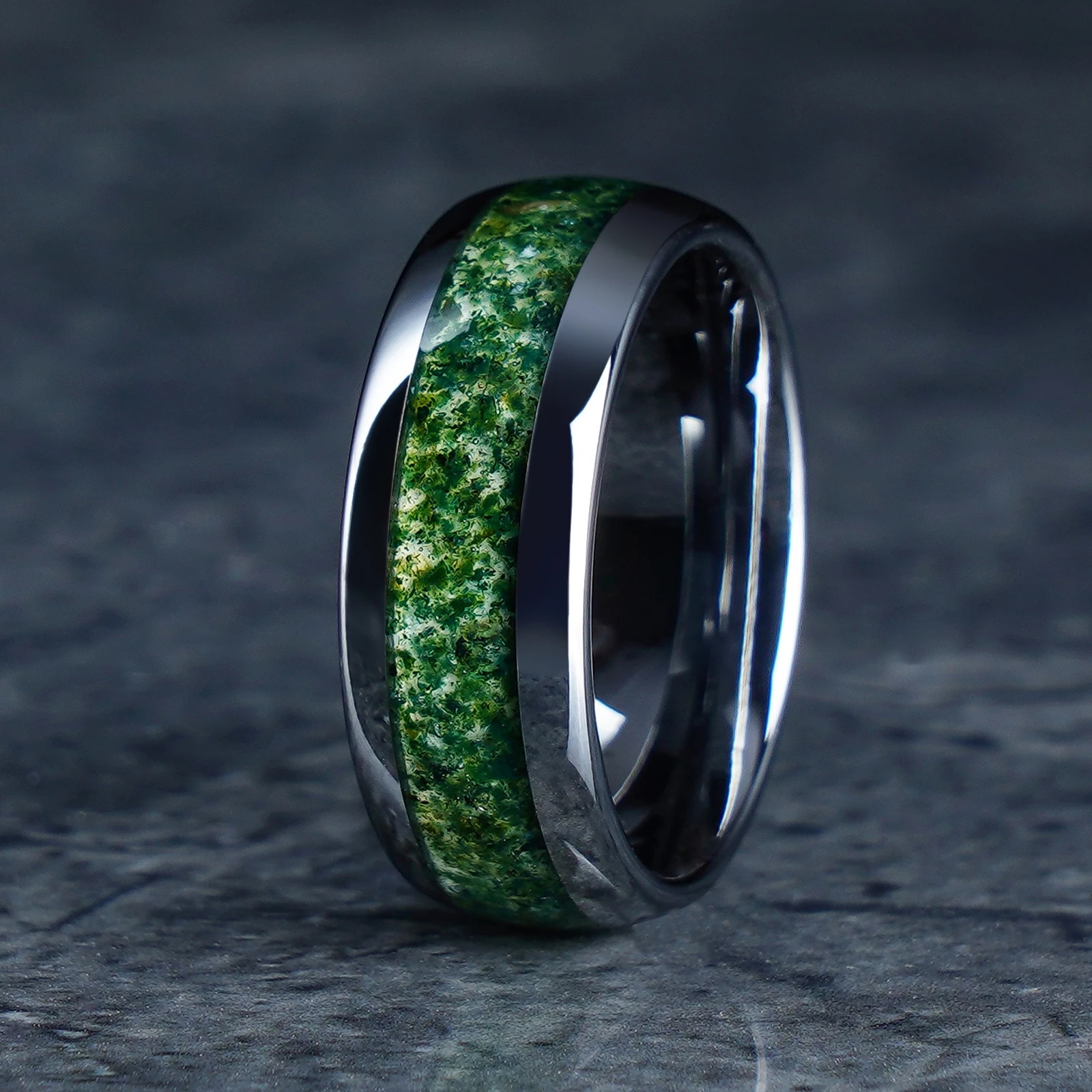 8mm Moss Agate Silver Tungsten Carbide Rings For Men Unique Wedding Engagement Band Birthday Anniversary Gift For Him And Her 240618